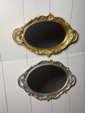 Ornate Gold and Silver Oval Vanity Mirrors - Elegant Decorative Set